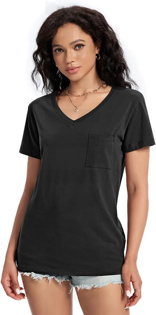 Womens T Shirts V Neck Short Sleeve Shirts Summer Casual Tops Trendy Fashion Pockets Basic Tees Clothes Outfits 2025