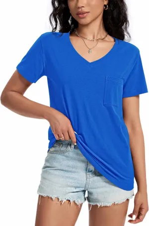 Womens T Shirts V Neck Short Sleeve Shirts Summer Casual Tops Trendy Fashion Pockets Basic Tees Clothes Outfits 2025