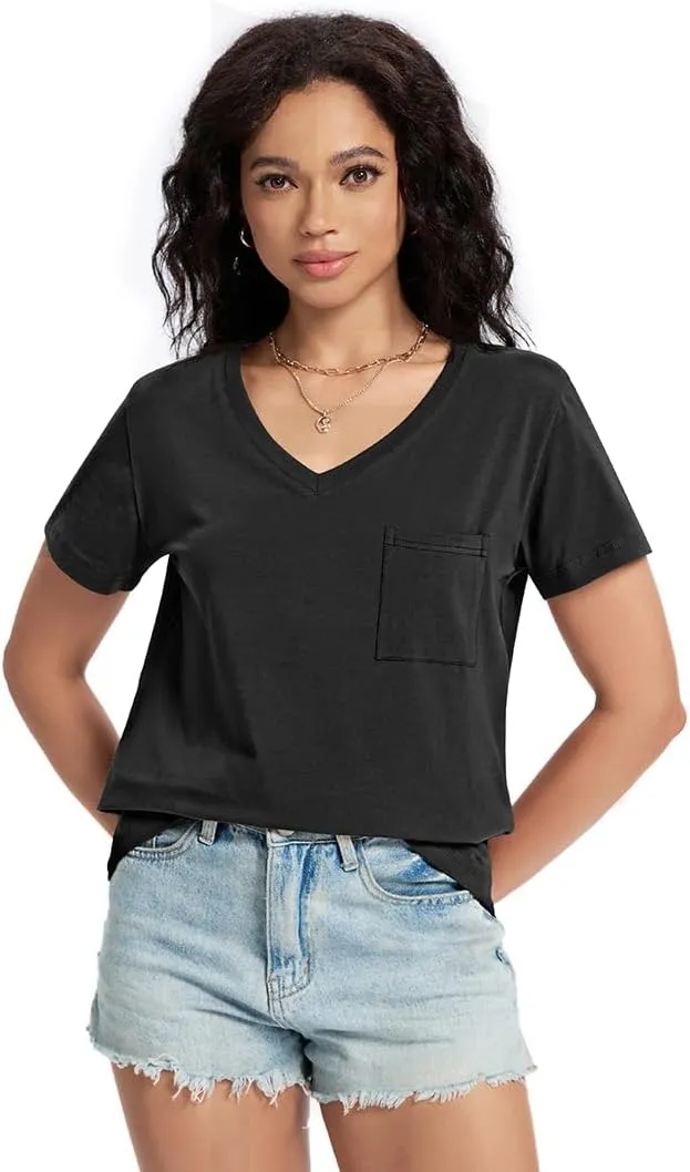 Womens T Shirts V Neck Short Sleeve Shirts Summer Casual Tops Trendy Fashion Pockets Basic Tees Clothes Outfits 2025