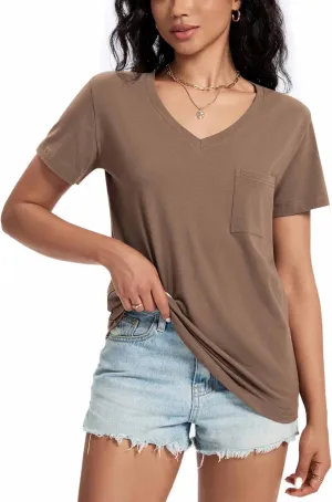 Womens T Shirts V Neck Short Sleeve Shirts Summer Casual Tops Trendy Fashion Pockets Basic Tees Clothes Outfits 2025