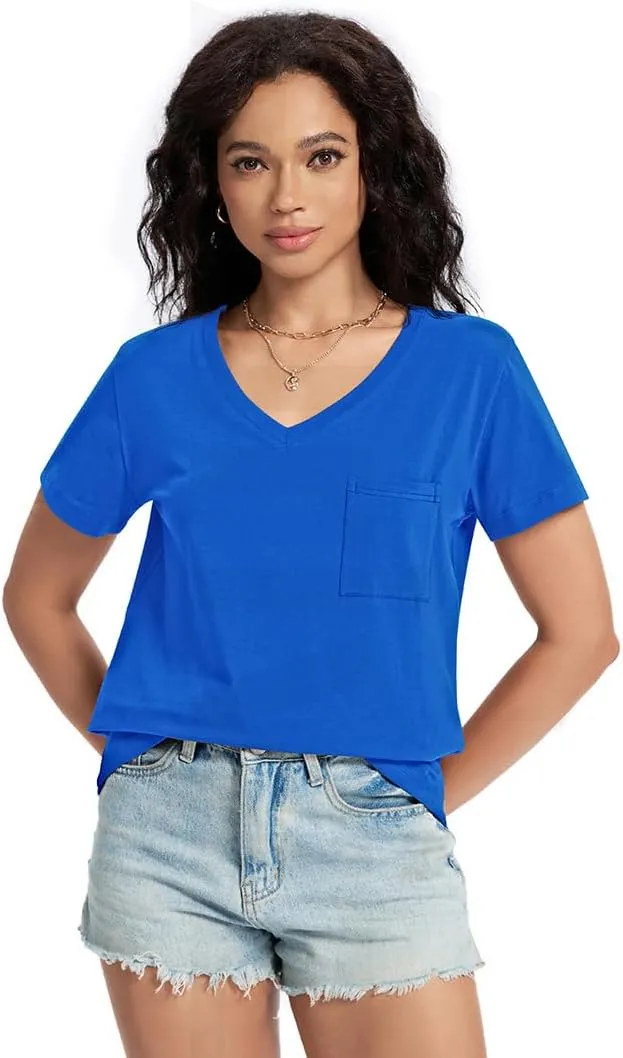Womens T Shirts V Neck Short Sleeve Shirts Summer Casual Tops Trendy Fashion Pockets Basic Tees Clothes Outfits 2025