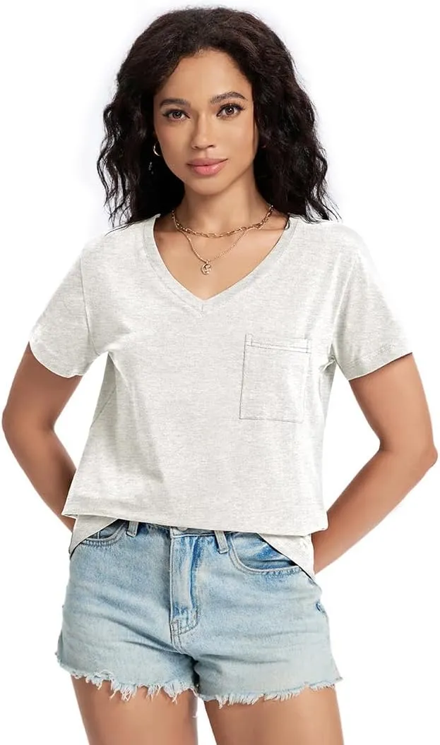 Womens T Shirts V Neck Short Sleeve Shirts Summer Casual Tops Trendy Fashion Pockets Basic Tees Clothes Outfits 2025