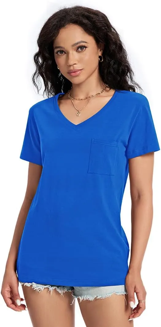 Womens T Shirts V Neck Short Sleeve Shirts Summer Casual Tops Trendy Fashion Pockets Basic Tees Clothes Outfits 2025
