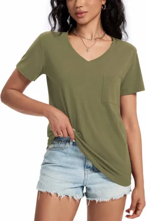 Womens T Shirts V Neck Short Sleeve Shirts Summer Casual Tops Trendy Fashion Pockets Basic Tees Clothes Outfits 2025