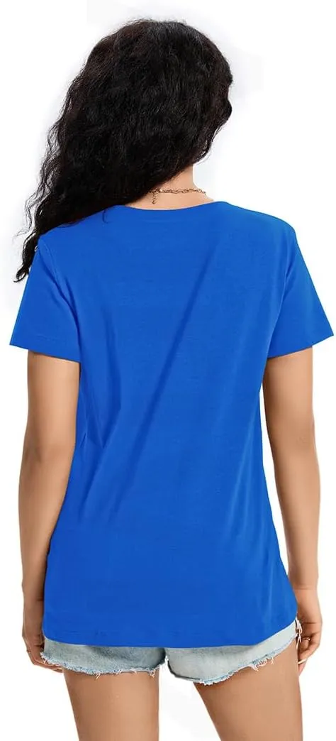 Womens T Shirts V Neck Short Sleeve Shirts Summer Casual Tops Trendy Fashion Pockets Basic Tees Clothes Outfits 2025