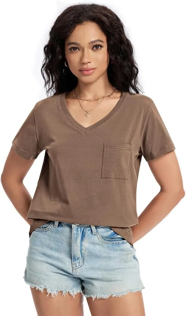 Womens T Shirts V Neck Short Sleeve Shirts Summer Casual Tops Trendy Fashion Pockets Basic Tees Clothes Outfits 2025