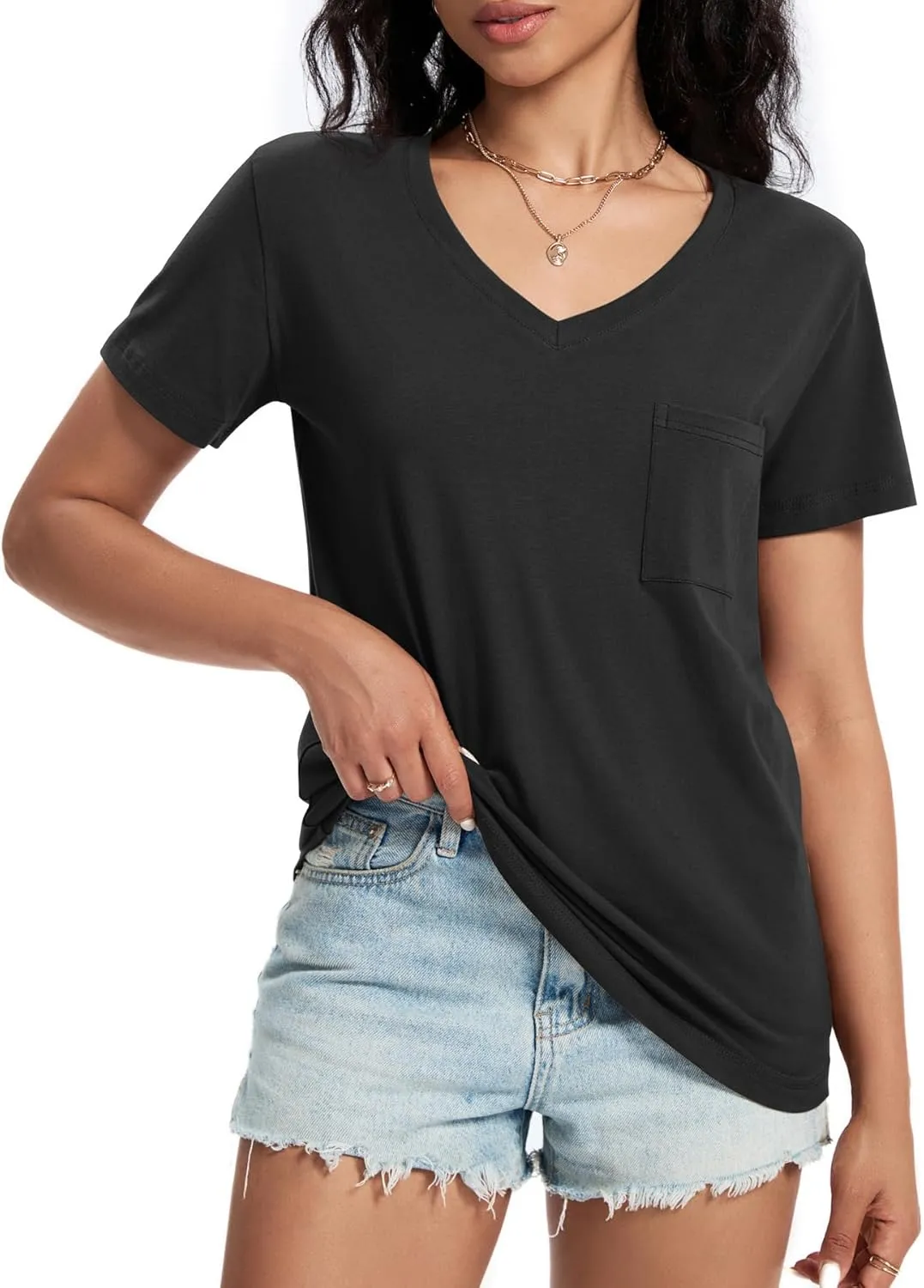 Womens T Shirts V Neck Short Sleeve Shirts Summer Casual Tops Trendy Fashion Pockets Basic Tees Clothes Outfits 2025