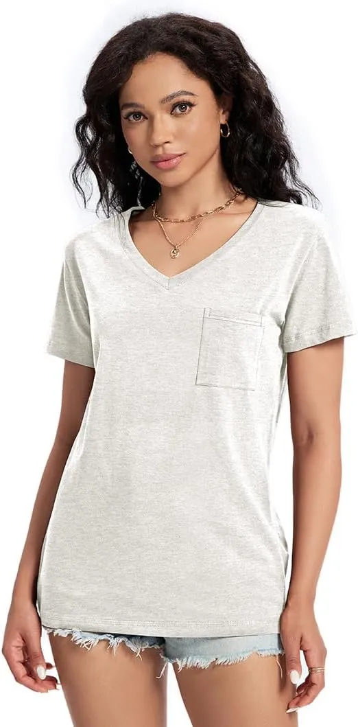 Womens T Shirts V Neck Short Sleeve Shirts Summer Casual Tops Trendy Fashion Pockets Basic Tees Clothes Outfits 2025