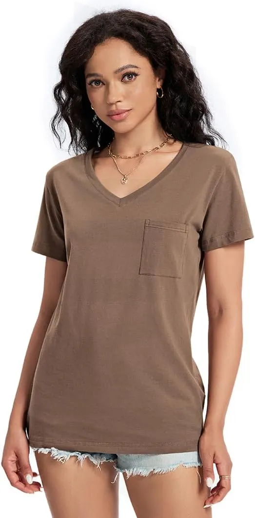 Womens T Shirts V Neck Short Sleeve Shirts Summer Casual Tops Trendy Fashion Pockets Basic Tees Clothes Outfits 2025