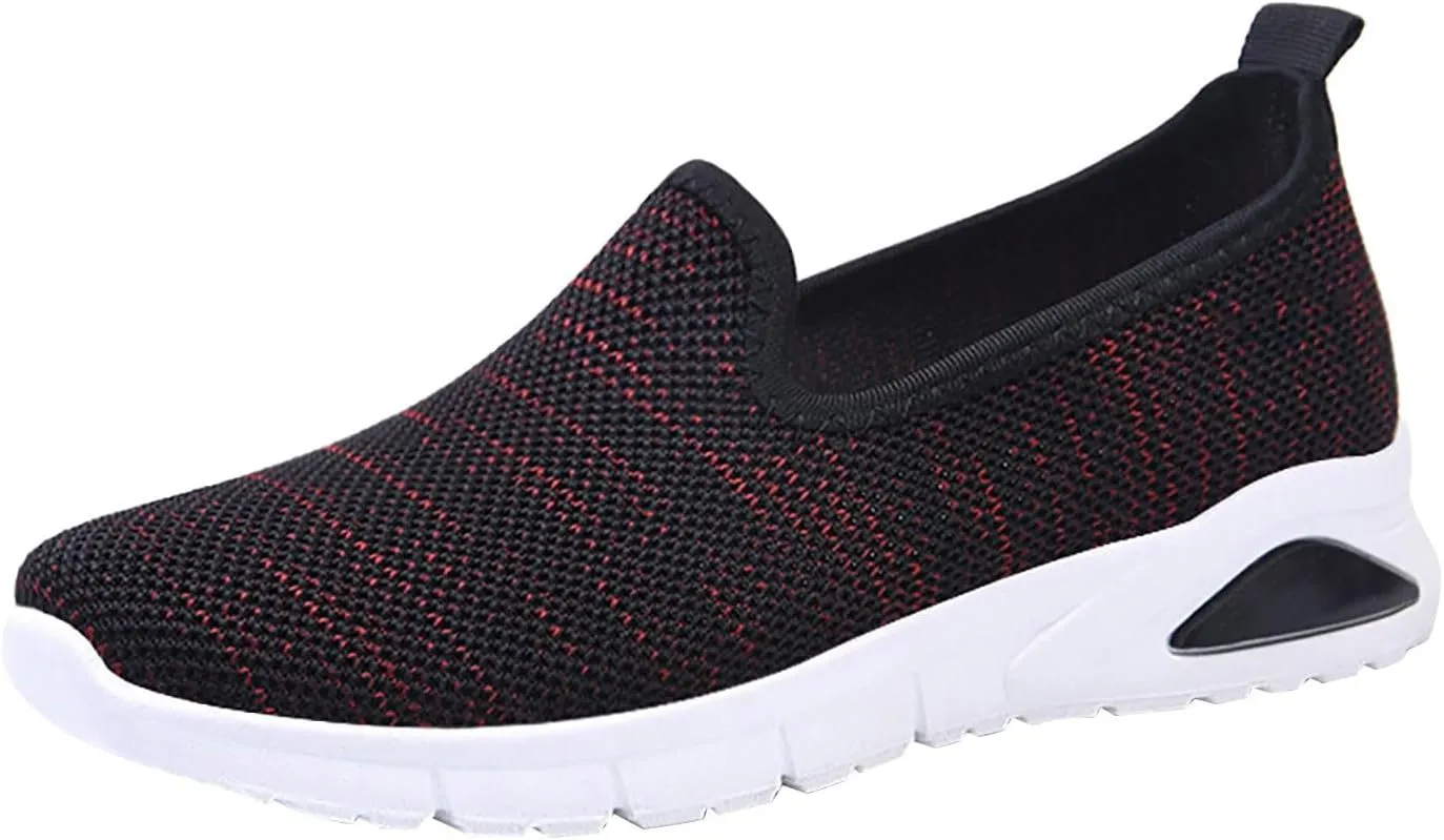 Womens Trainers Slip-On Shoes Breathable Woven Walking Foam Shoes with Wedge Heel for Indoor Use (7.5 UK Red)