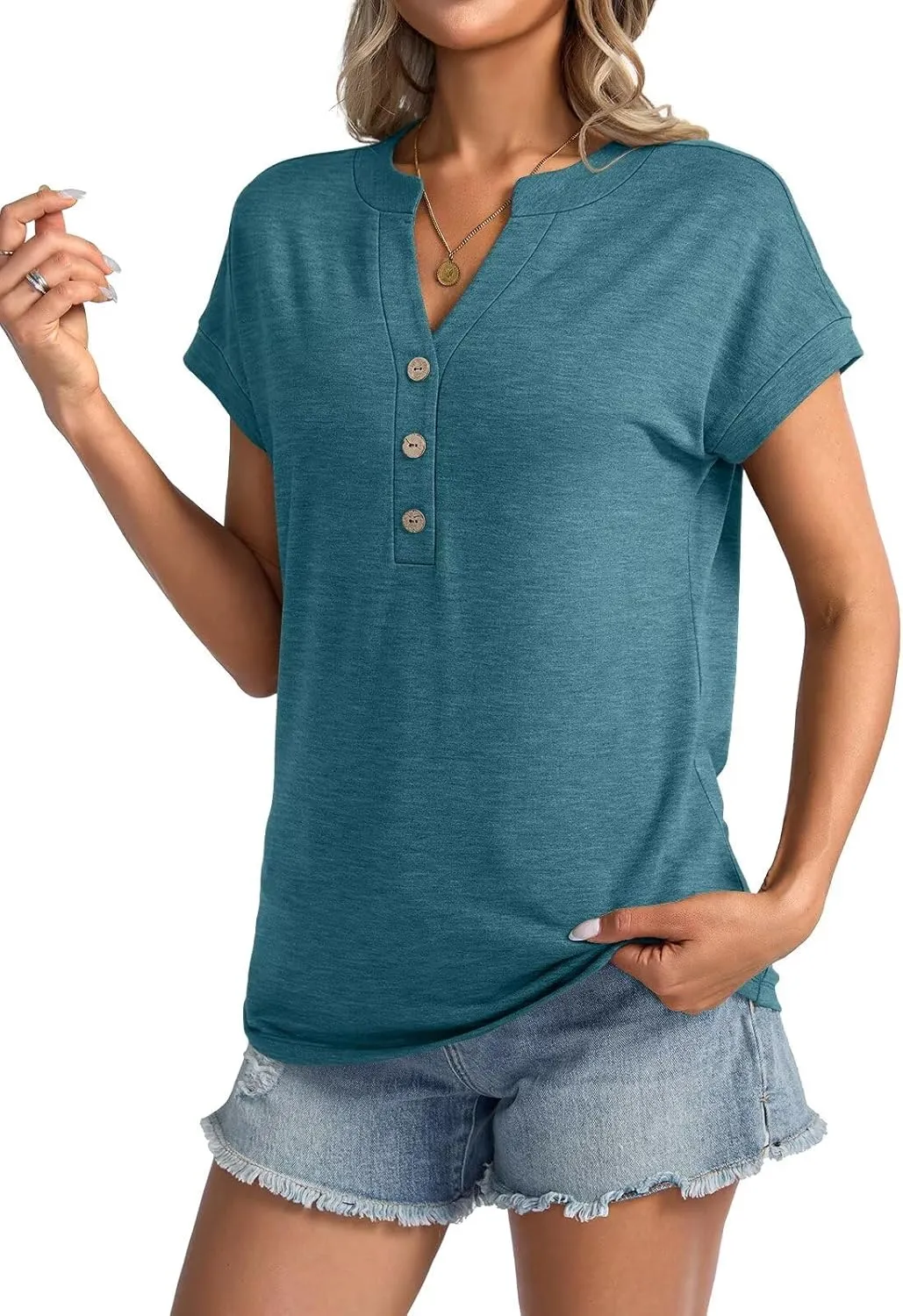 Womens V Neck Cap Sleeve T Shirts Casual Summer Tops Button Short Sleeve Shirts Loose Fit Basic Tees 2025