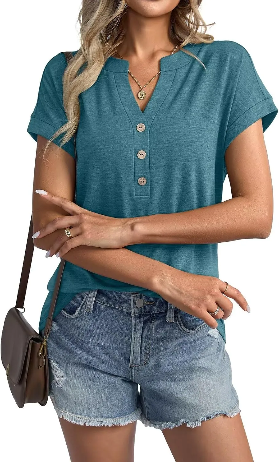 Womens V Neck Cap Sleeve T Shirts Casual Summer Tops Button Short Sleeve Shirts Loose Fit Basic Tees 2025