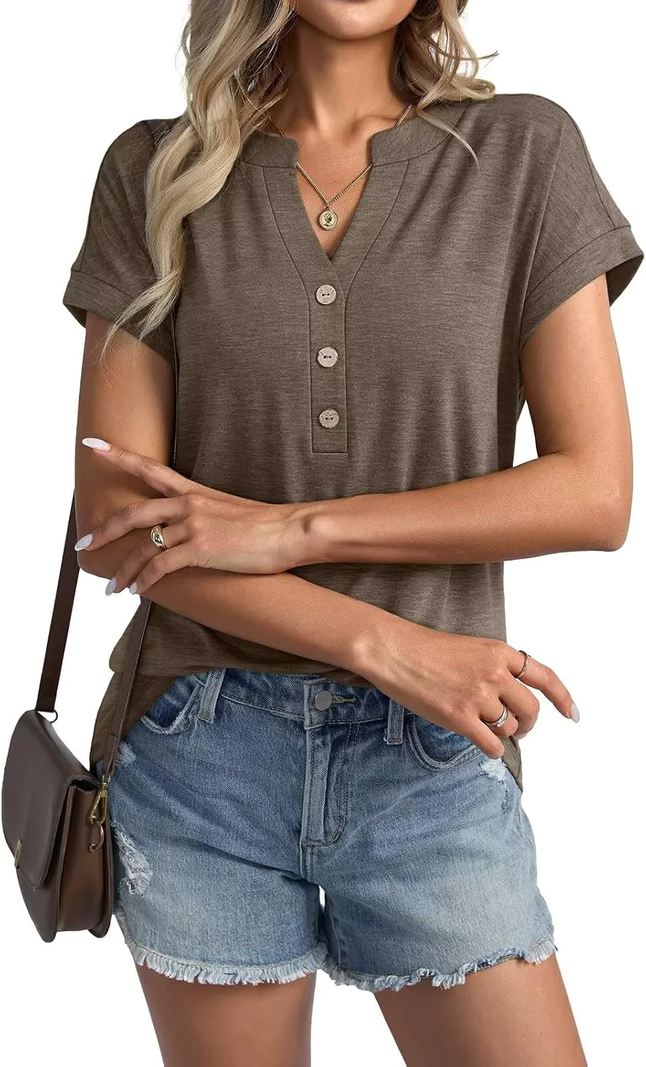 Womens V Neck Cap Sleeve T Shirts Casual Summer Tops Button Short Sleeve Shirts Loose Fit Basic Tees 2025