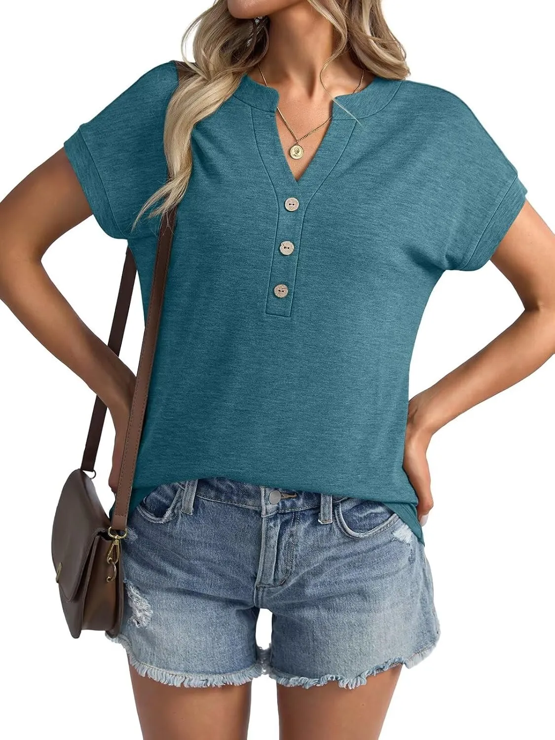 Womens V Neck Cap Sleeve T Shirts Casual Summer Tops Button Short Sleeve Shirts Loose Fit Basic Tees 2025