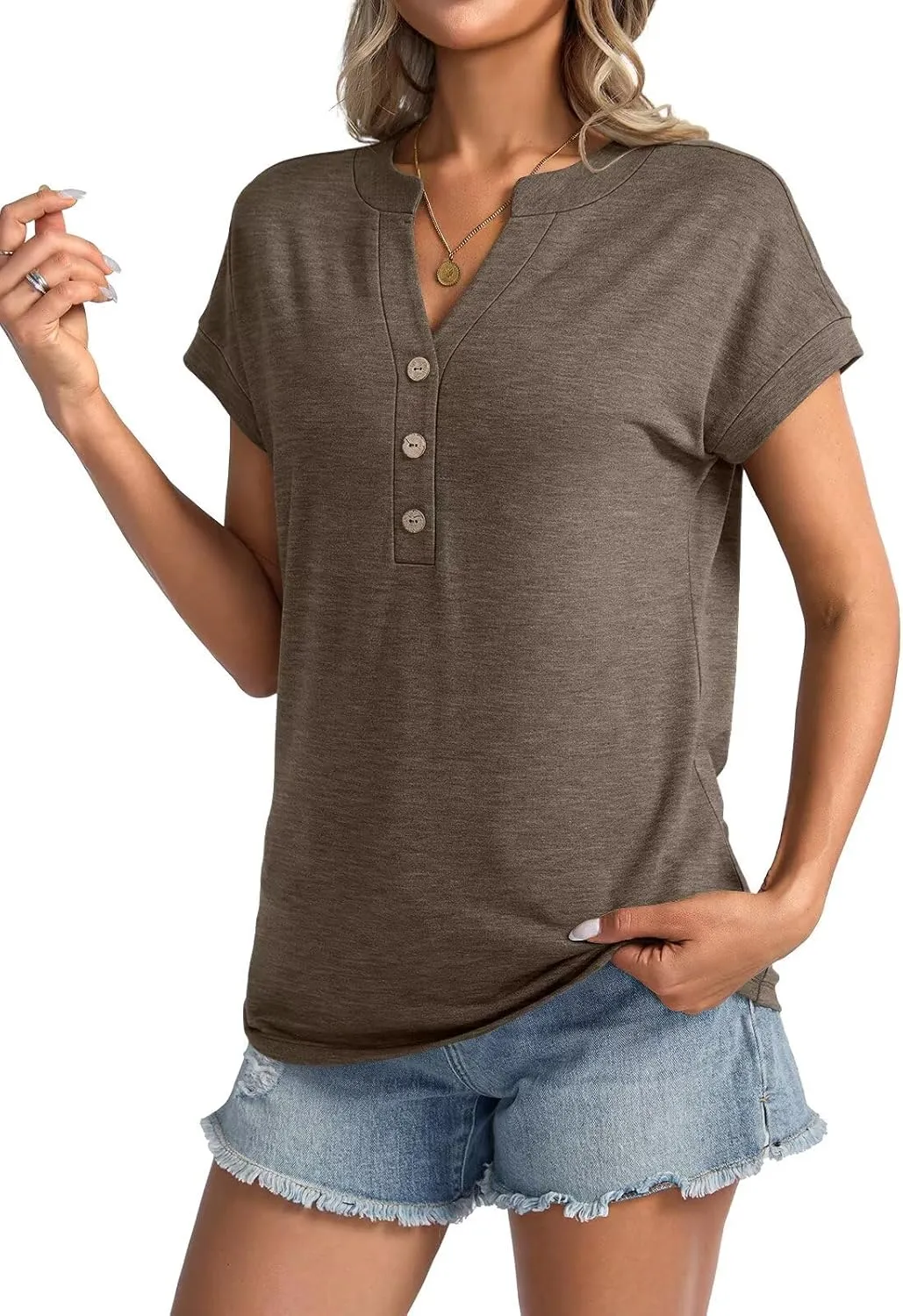 Womens V Neck Cap Sleeve T Shirts Casual Summer Tops Button Short Sleeve Shirts Loose Fit Basic Tees 2025