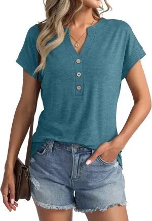 Womens V Neck Cap Sleeve T Shirts Casual Summer Tops Button Short Sleeve Shirts Loose Fit Basic Tees 2025