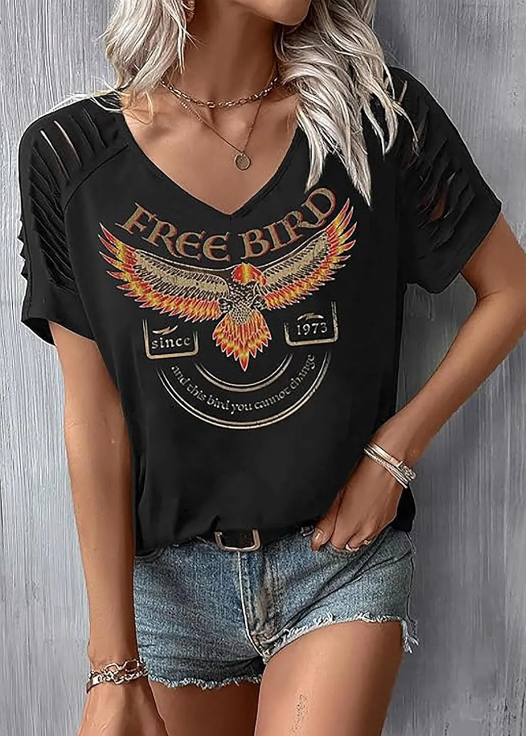 Women's Vintage Rock Band T-Shirt/Free Bird Eagle Graphic Tees/Country Concert Music Short Sleeve Shirts Tops