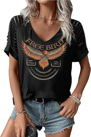 Women's Vintage Rock Band T-Shirt/Free Bird Eagle Graphic Tees/Country Concert Music Short Sleeve Shirts Tops