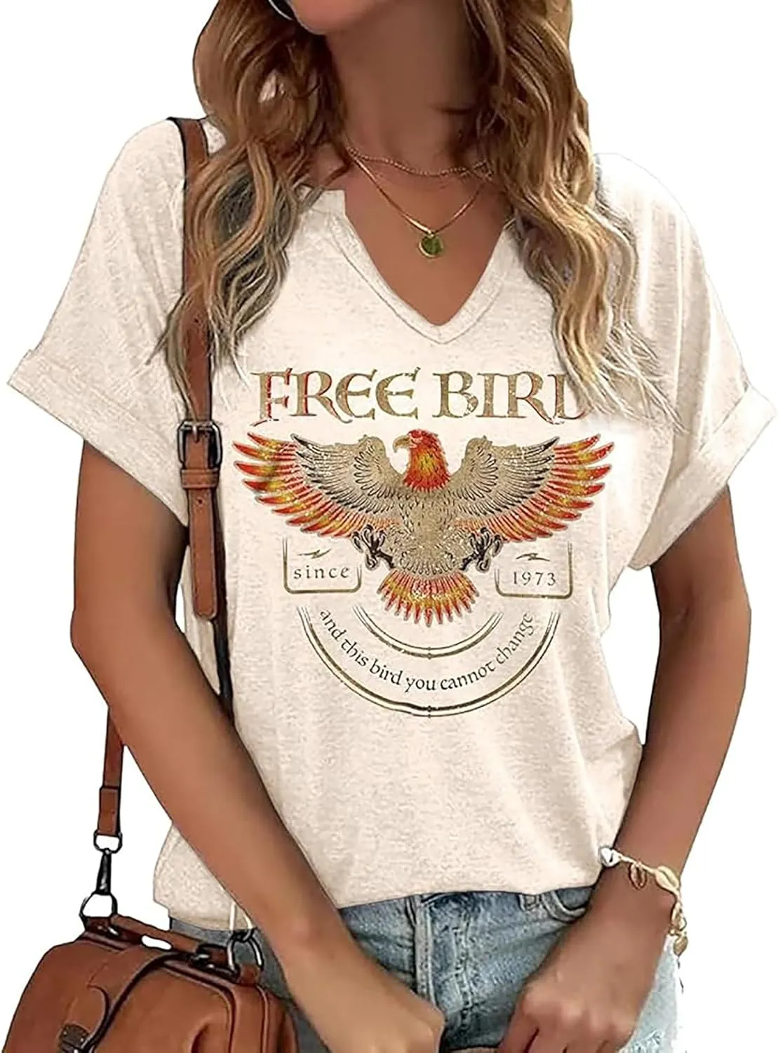 Women's Vintage Rock Band T-Shirt/Free Bird Eagle Graphic Tees/Country Concert Music Short Sleeve Shirts Tops