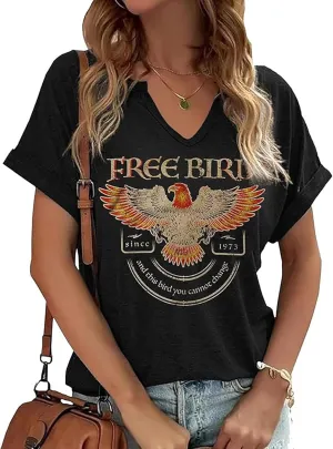 Women's Vintage Rock Band T-Shirt/Free Bird Eagle Graphic Tees/Country Concert Music Short Sleeve Shirts Tops