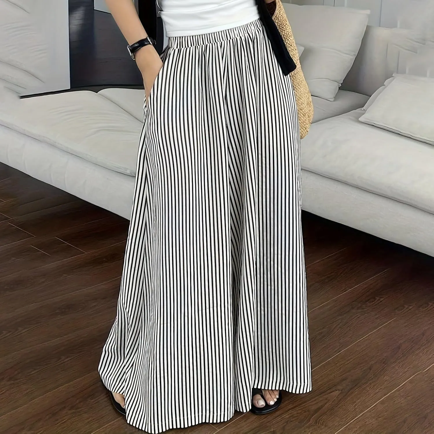 Womens Wide Leg Palazzo Pants Boho Striped Trousers Summer Beach Culottes Flowy Casual Elastica Waist Wide Leg