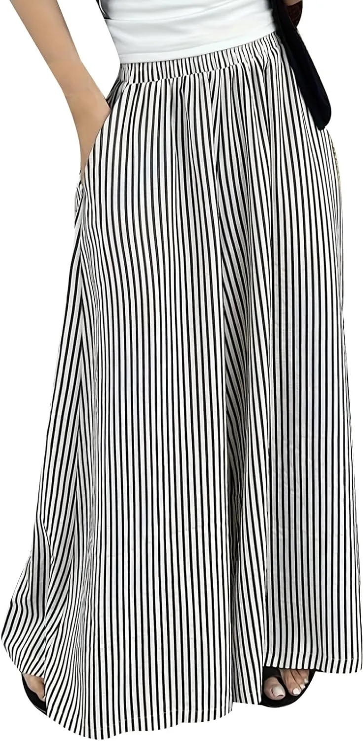 Womens Wide Leg Palazzo Pants Boho Striped Trousers Summer Beach Culottes Flowy Casual Elastica Waist Wide Leg