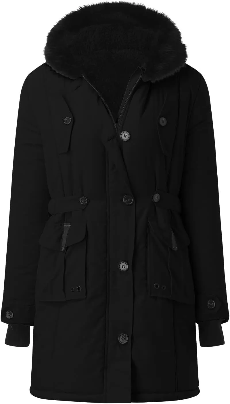 Womens Winter Thicken Puffer Coat Collar Long Sleeve Jacket Vintage Thicken Coat Jacket Warm Hooded fur Long Puffer