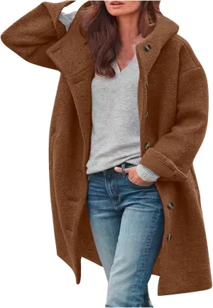 Womens Wool Blend Pea Coat with Hood Casual Botton Down Jacket Loose Fit Trench Coat Jacket