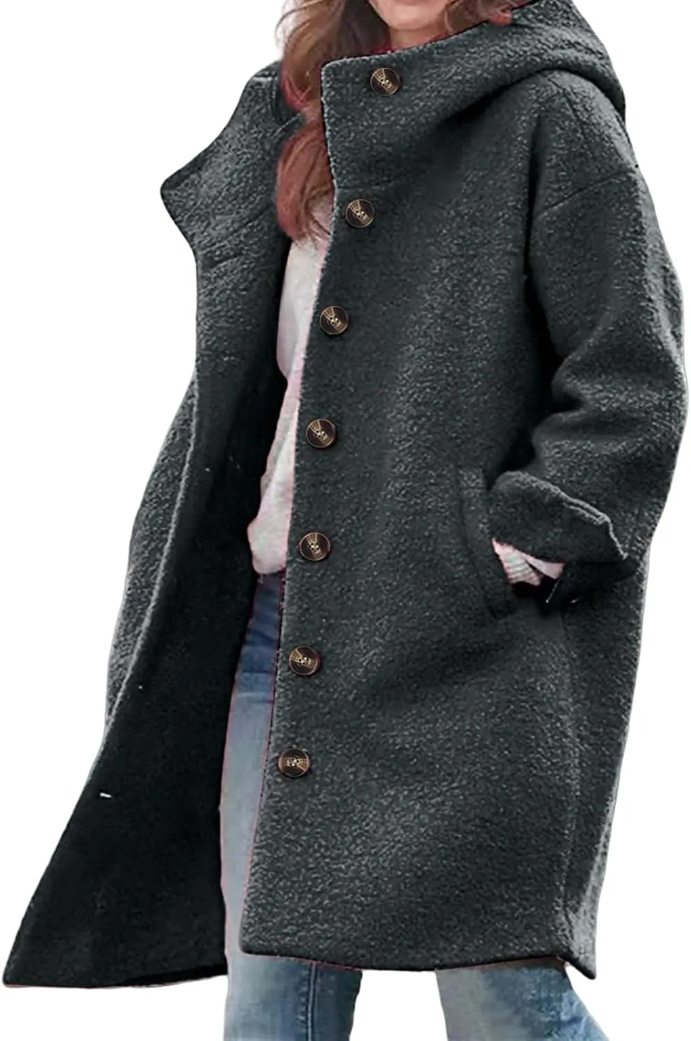 Womens Wool Blend Pea Coat with Hood Casual Botton Down Jacket Loose Fit Trench Coat Jacket