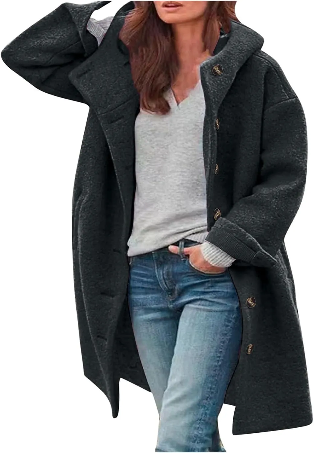 Womens Wool Blend Pea Coat with Hood Casual Botton Down Jacket Loose Fit Trench Coat Jacket