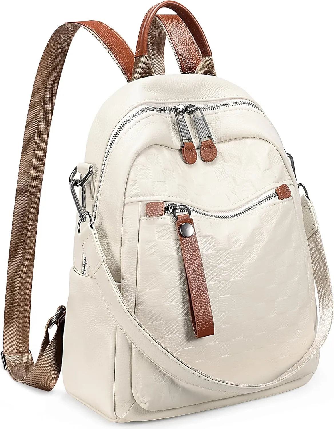 YALXUE Womens Genuine Cow Leather Backpack Purse Trendy Designer Checkered Embossed with Convertible Strap
