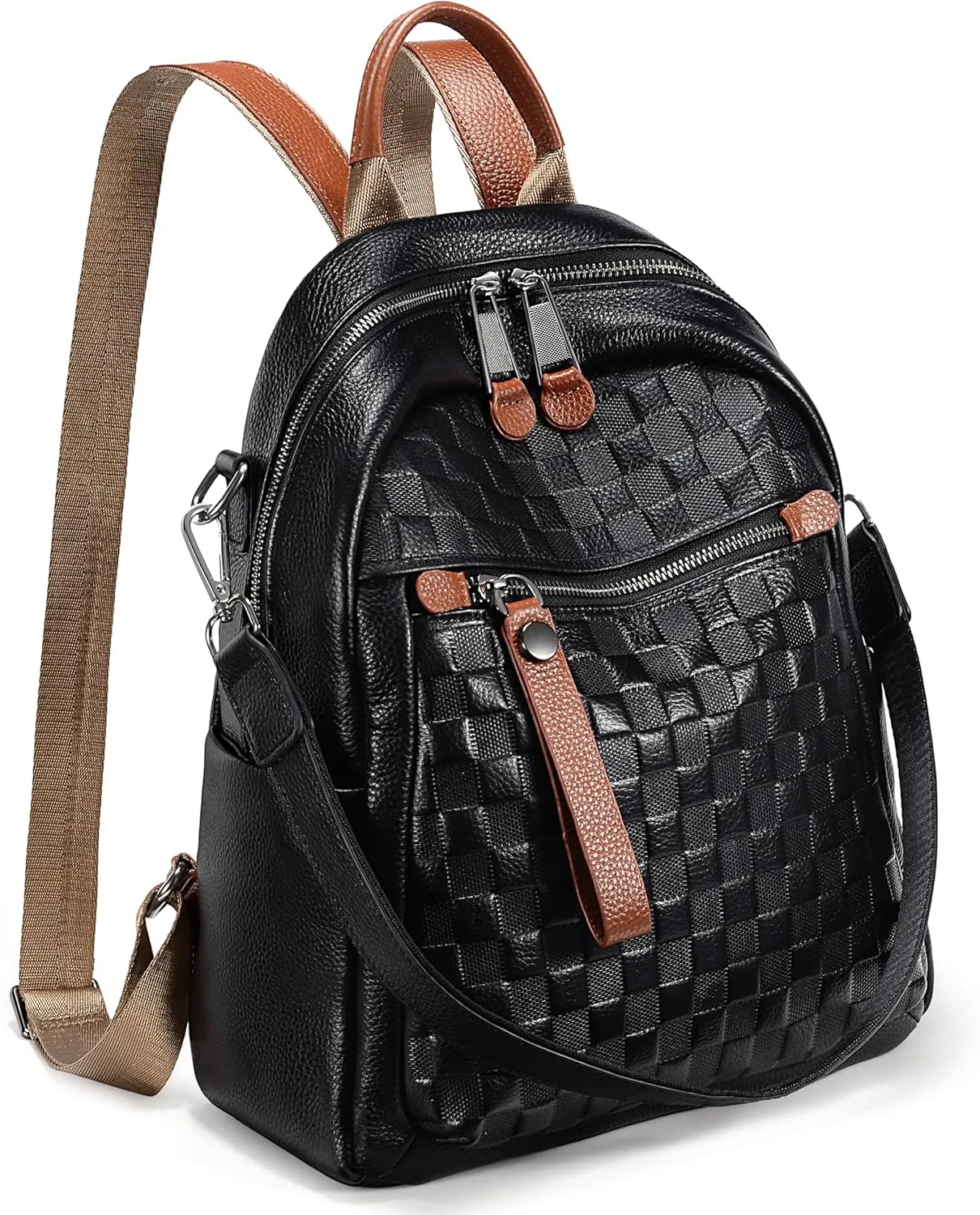 YALXUE Womens Genuine Cow Leather Backpack Purse Trendy Designer Checkered Embossed with Convertible Strap