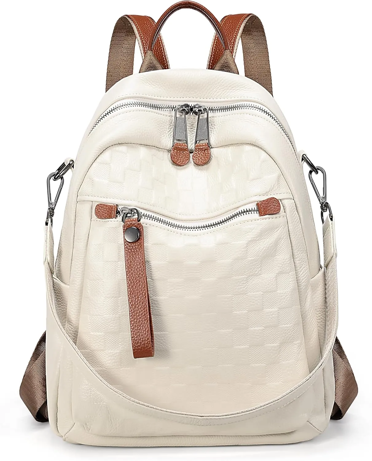 YALXUE Womens Genuine Cow Leather Backpack Purse Trendy Designer Checkered Embossed with Convertible Strap