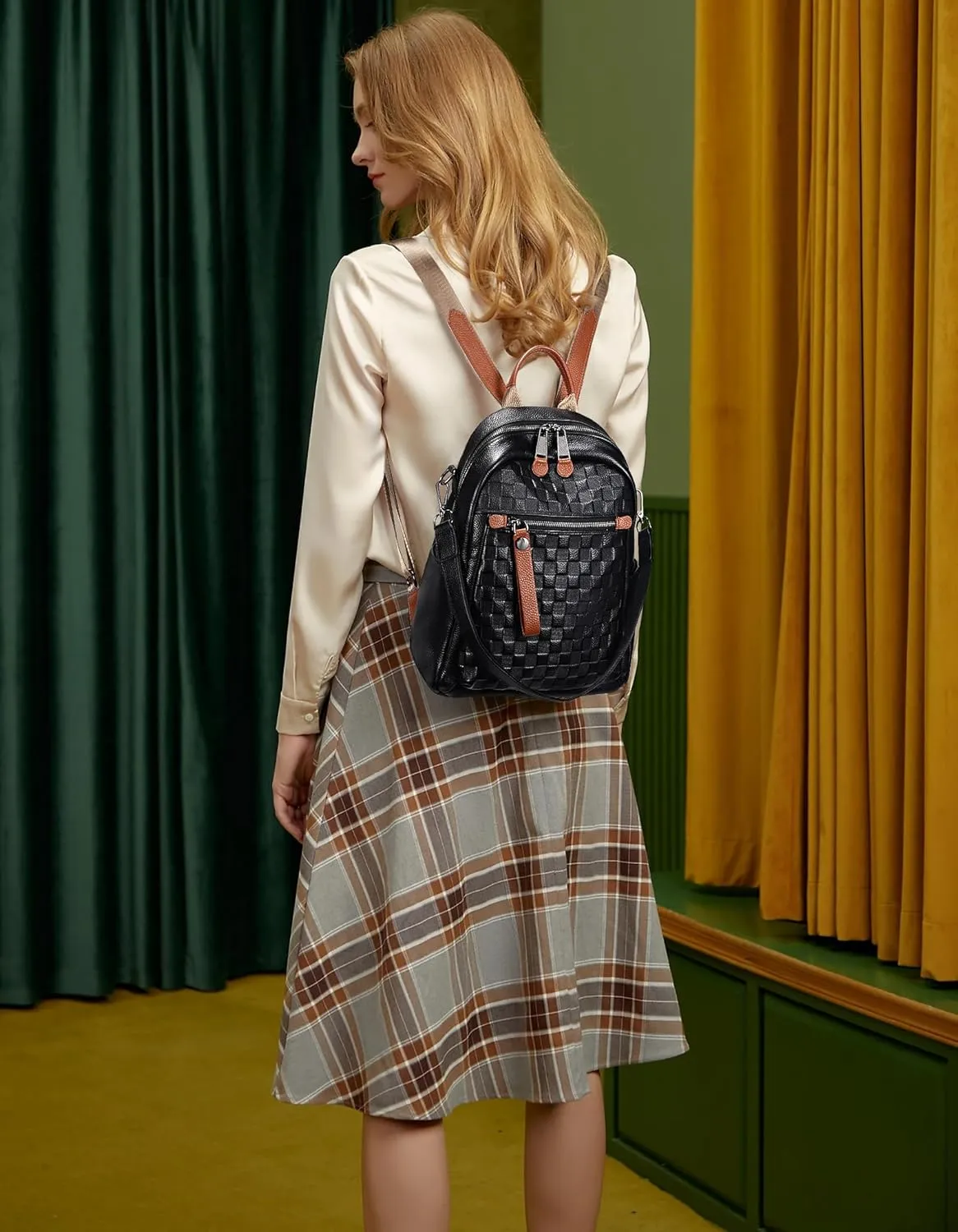 YALXUE Womens Genuine Cow Leather Backpack Purse Trendy Designer Checkered Embossed with Convertible Strap