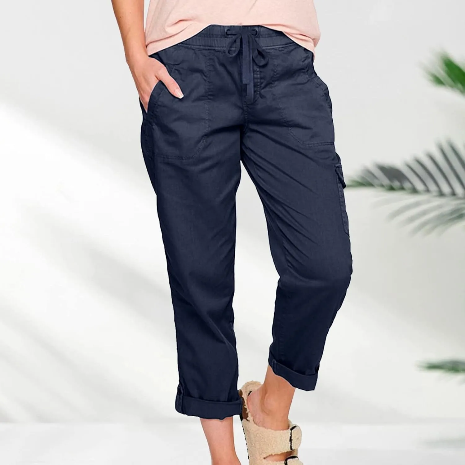 Yoga Dress Pants for Women Casual Work Business Pants Elastic Waist Plaid Pants Solid Color Travel Trousers