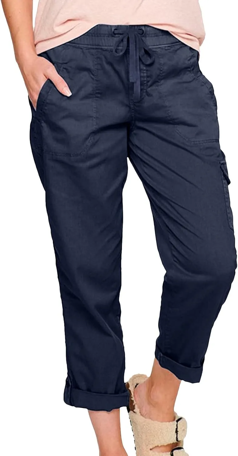 Yoga Dress Pants for Women Casual Work Business Pants Elastic Waist Plaid Pants Solid Color Travel Trousers