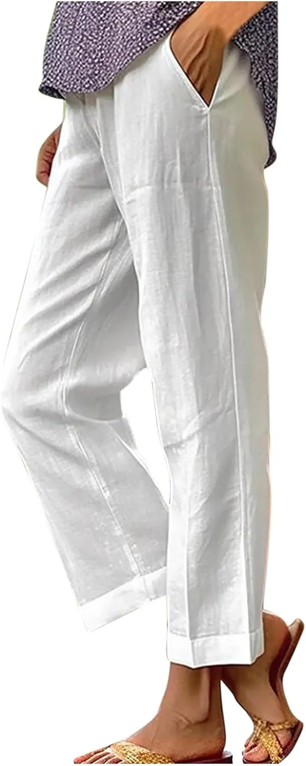 YRAETENM Cotton Linen Pants Women Elastic High Waist Straight Leg Lounge Pants Casual Slacks Summer Trouser with Pockets