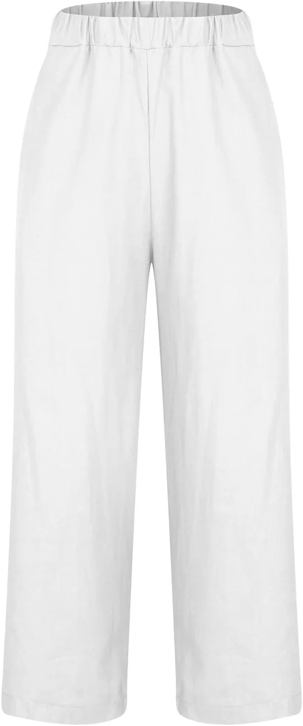YRAETENM Cotton Linen Pants Women Elastic High Waist Straight Leg Lounge Pants Casual Slacks Summer Trouser with Pockets