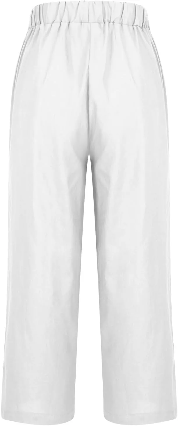 YRAETENM Cotton Linen Pants Women Elastic High Waist Straight Leg Lounge Pants Casual Slacks Summer Trouser with Pockets